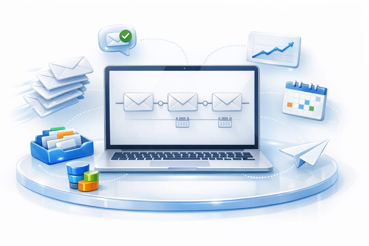 Illustration of an email sequence on a laptop: a first email and two follow-ups on a timeline, with flying envelopes, a reply bubble, sorted inbox tags, a pipeline and an open-rate chart.