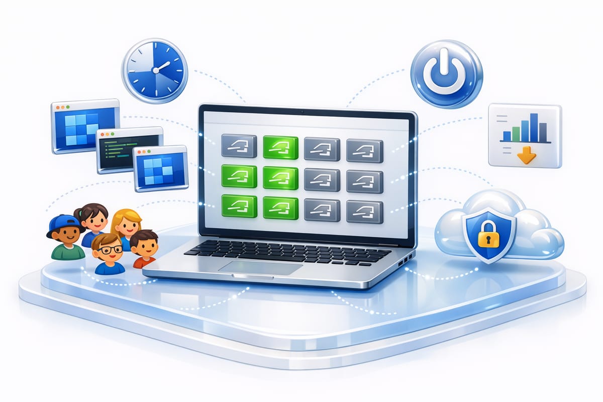 Illustration of a lab dashboard on a laptop with running and stopped lab machines, browser desktops, an hour-limit clock, a usage report and a group of learners.